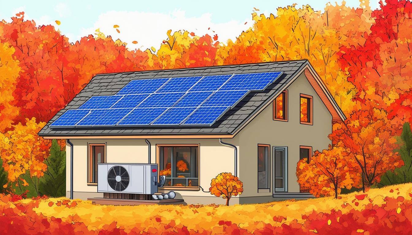 a house with solar panels and a single heat pump surrounded by fall colors